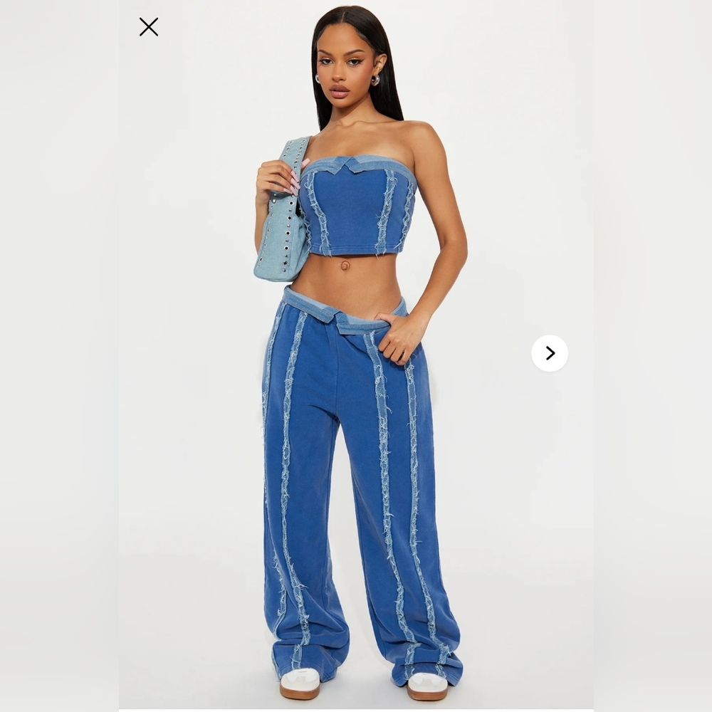 Fashion Nova Knit Denim Crop Top & Wide Leg Pant Set L